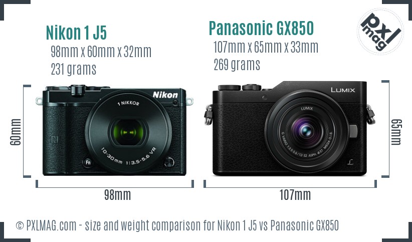 Nikon 1 J5 vs Panasonic GX850 size comparison