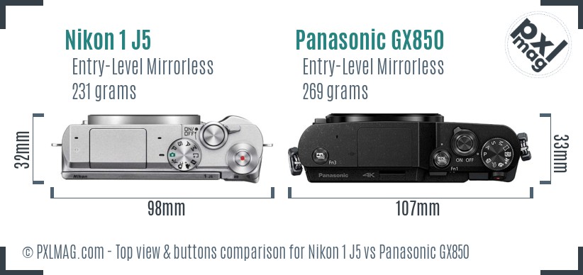 Nikon 1 J5 vs Panasonic GX850 top view buttons comparison