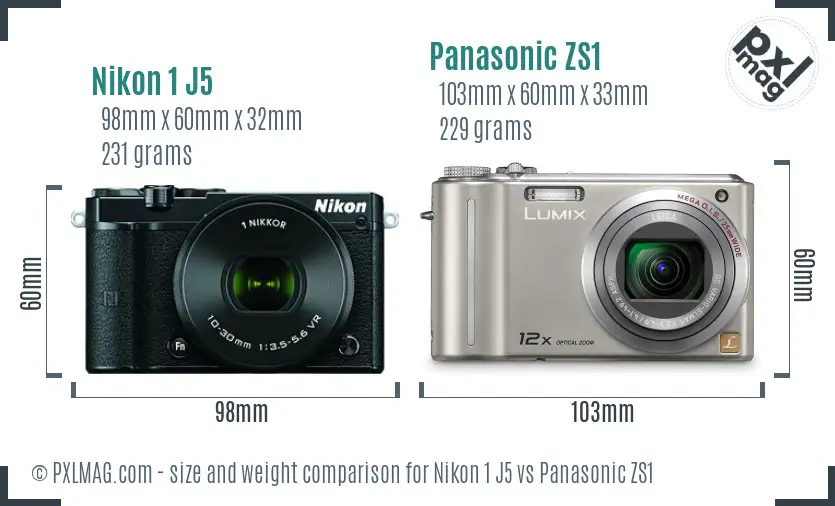 Nikon 1 J5 vs Panasonic ZS1 size comparison