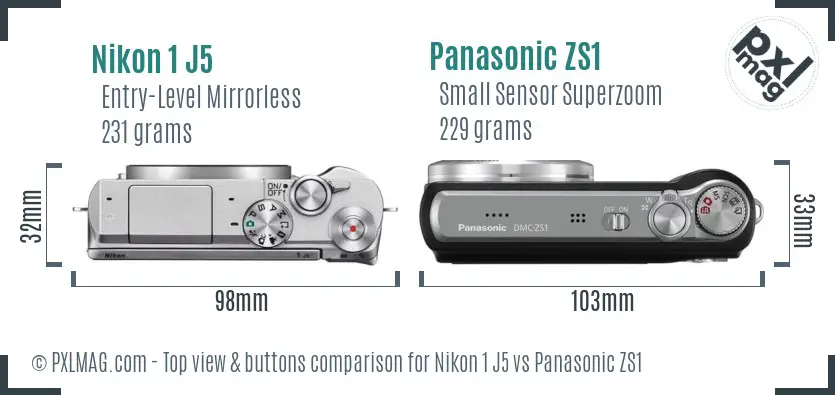 Nikon 1 J5 vs Panasonic ZS1 top view buttons comparison