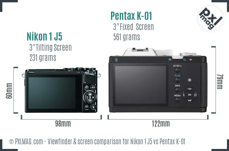 Nikon 1 J5 vs Pentax K-01 Screen and Viewfinder comparison
