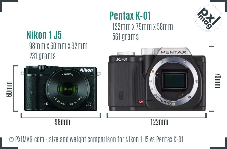 Nikon 1 J5 vs Pentax K-01 size comparison