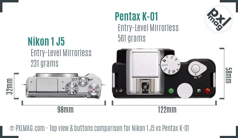 Nikon 1 J5 vs Pentax K-01 top view buttons comparison