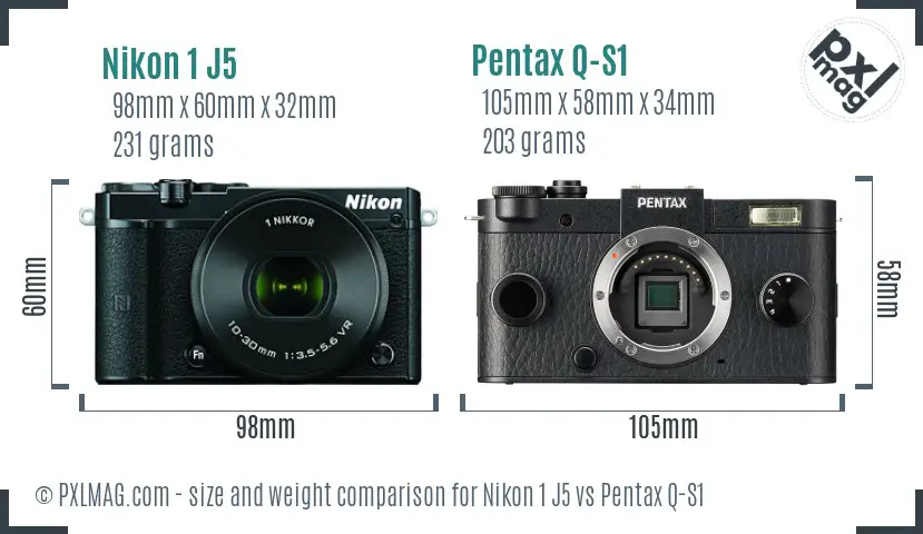 Nikon 1 J5 vs Pentax Q-S1 size comparison