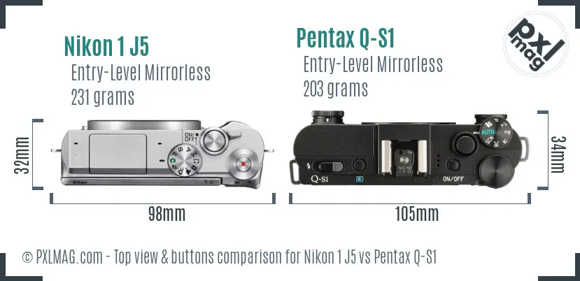 Nikon 1 J5 vs Pentax Q-S1 top view buttons comparison