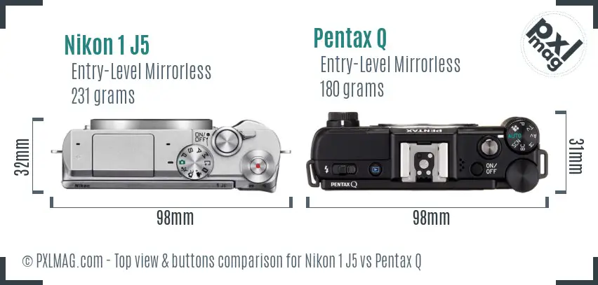 Nikon 1 J5 vs Pentax Q top view buttons comparison