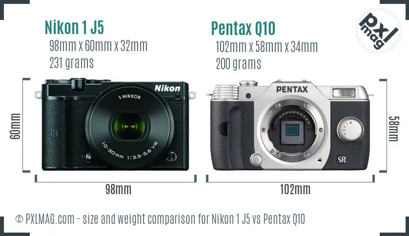 Nikon 1 J5 vs Pentax Q10 size comparison