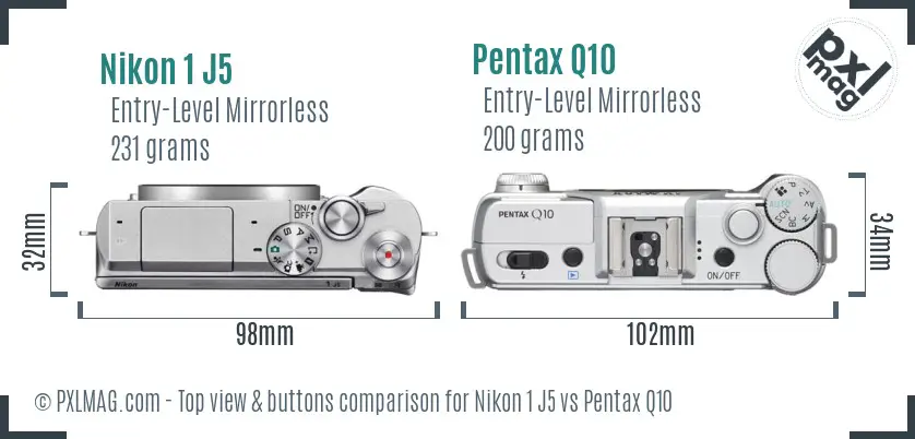 Nikon 1 J5 vs Pentax Q10 top view buttons comparison