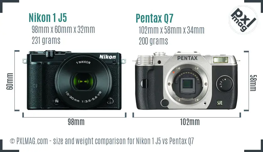 Nikon 1 J5 vs Pentax Q7 size comparison