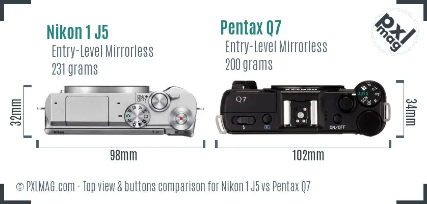 Nikon 1 J5 vs Pentax Q7 top view buttons comparison