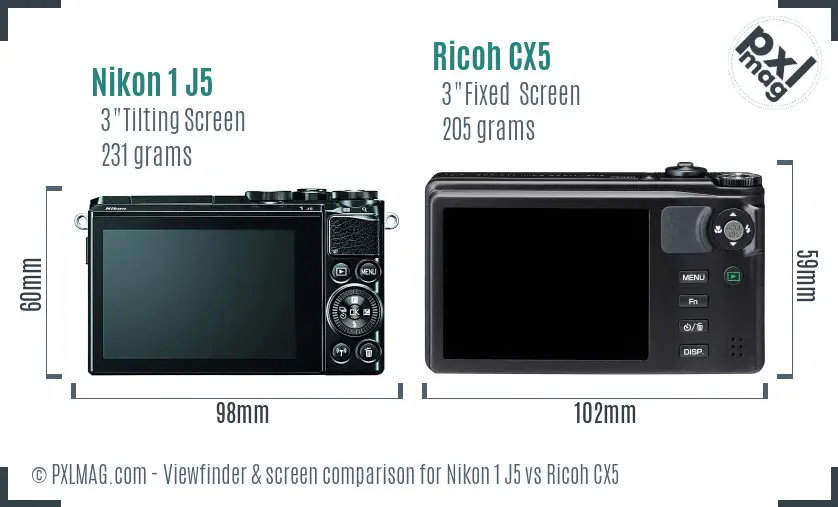 Nikon 1 J5 vs Ricoh CX5 Screen and Viewfinder comparison