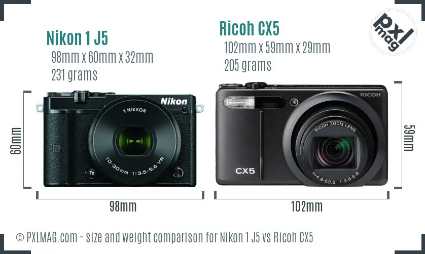 Nikon 1 J5 vs Ricoh CX5 size comparison