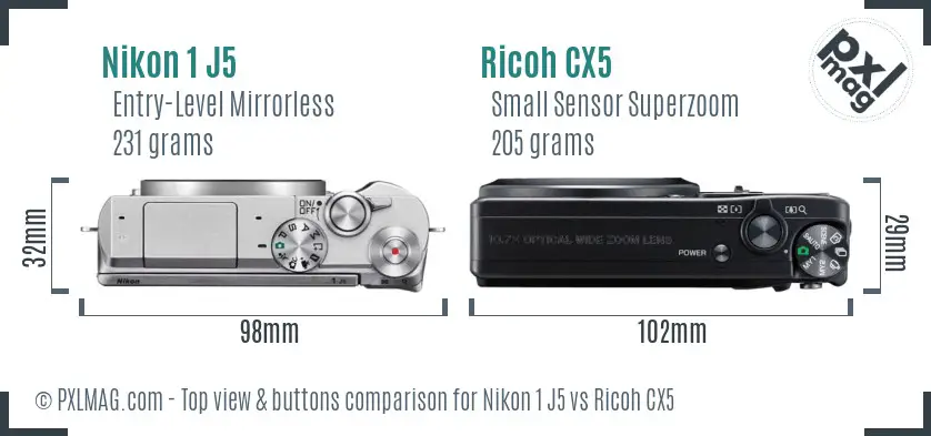 Nikon 1 J5 vs Ricoh CX5 top view buttons comparison