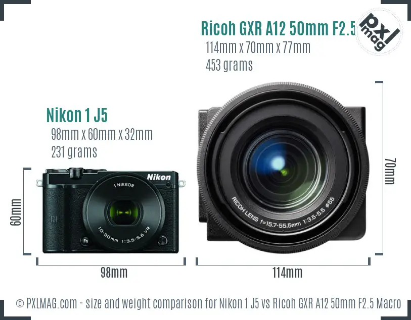 Nikon 1 J5 vs Ricoh GXR A12 50mm F2.5 Macro size comparison