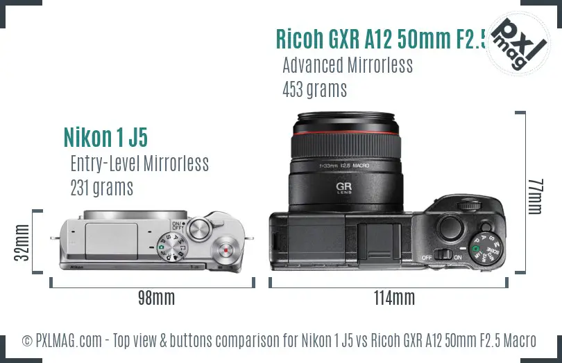 Nikon 1 J5 vs Ricoh GXR A12 50mm F2.5 Macro top view buttons comparison
