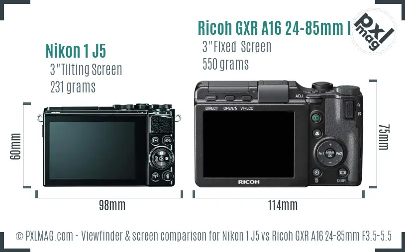 Nikon 1 J5 vs Ricoh GXR A16 24-85mm F3.5-5.5 Screen and Viewfinder comparison