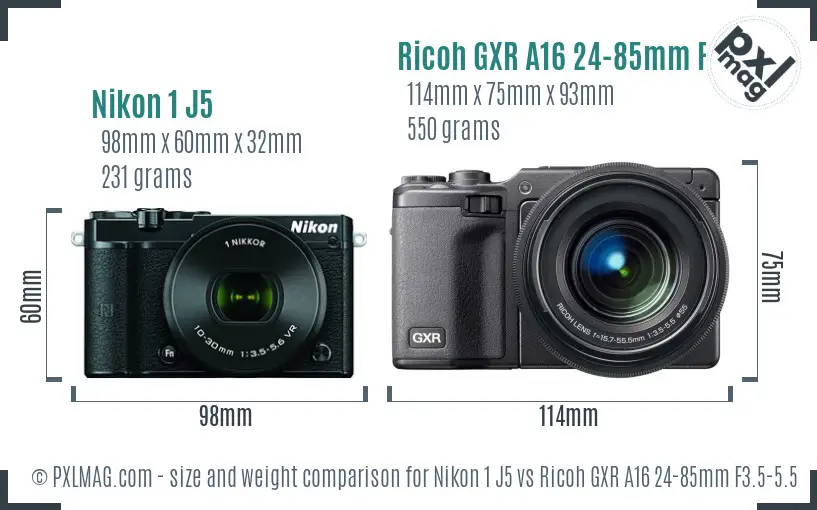 Nikon 1 J5 vs Ricoh GXR A16 24-85mm F3.5-5.5 size comparison