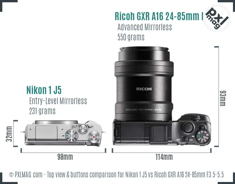 Nikon 1 J5 vs Ricoh GXR A16 24-85mm F3.5-5.5 top view buttons comparison