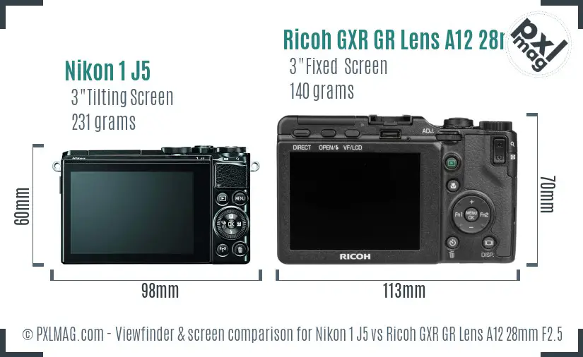 Nikon 1 J5 vs Ricoh GXR GR Lens A12 28mm F2.5 Screen and Viewfinder comparison