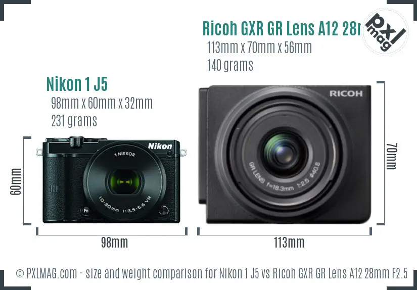 Nikon 1 J5 vs Ricoh GXR GR Lens A12 28mm F2.5 size comparison