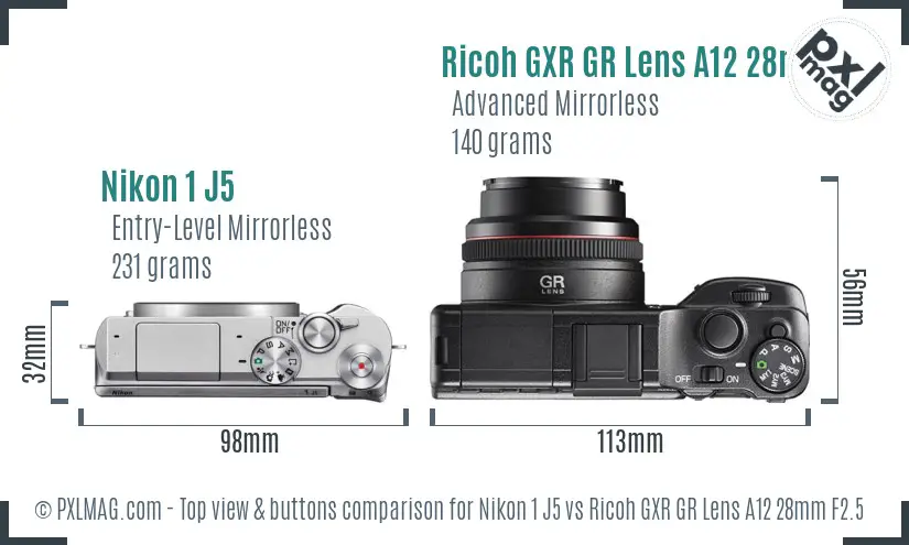 Nikon 1 J5 vs Ricoh GXR GR Lens A12 28mm F2.5 top view buttons comparison
