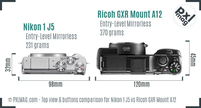 Nikon 1 J5 vs Ricoh GXR Mount A12 top view buttons comparison Nikon 1 J5 vs Ricoh GXR Mount A12 top view buttons comparison