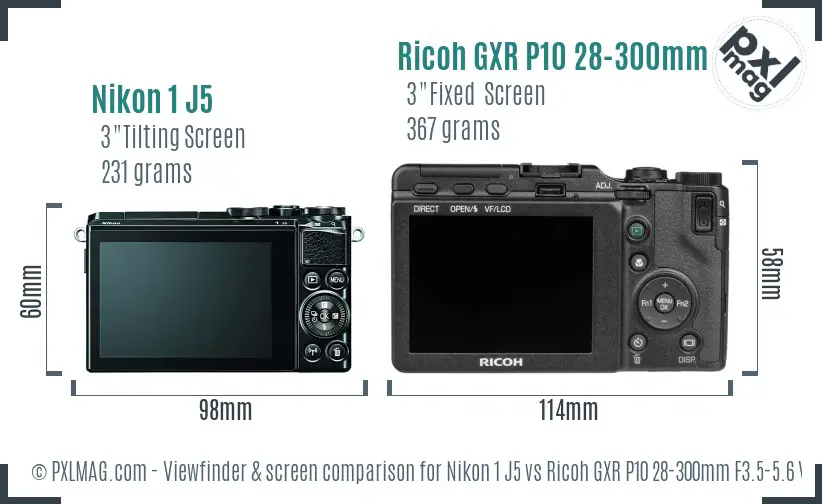Nikon 1 J5 vs Ricoh GXR P10 28-300mm F3.5-5.6 VC Screen and Viewfinder comparison