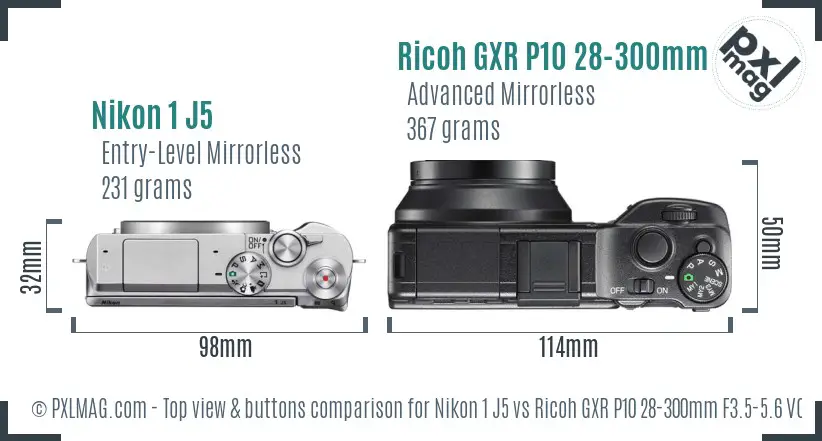 Nikon 1 J5 vs Ricoh GXR P10 28-300mm F3.5-5.6 VC top view buttons comparison