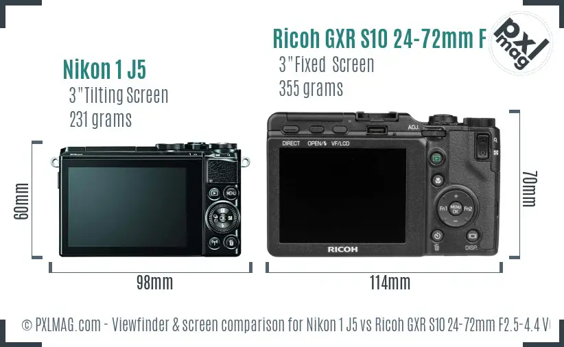 Nikon 1 J5 vs Ricoh GXR S10 24-72mm F2.5-4.4 VC Screen and Viewfinder comparison