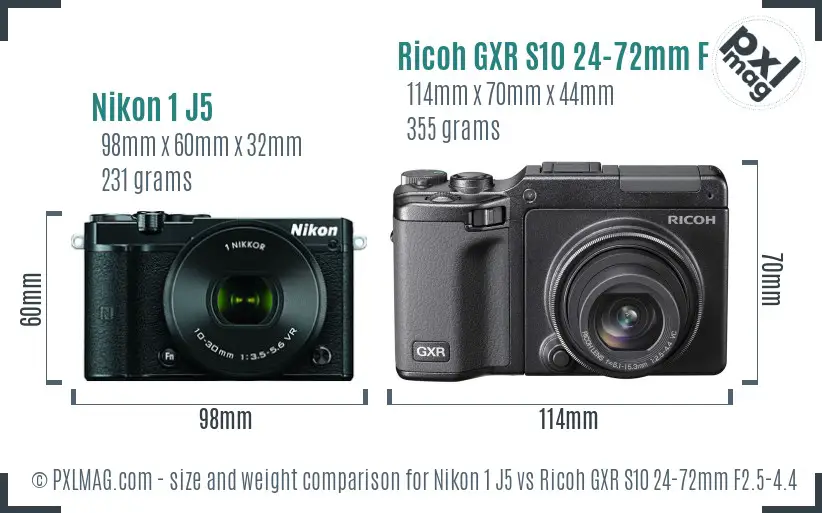 Nikon 1 J5 vs Ricoh GXR S10 24-72mm F2.5-4.4 VC size comparison