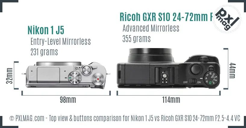 Nikon 1 J5 vs Ricoh GXR S10 24-72mm F2.5-4.4 VC top view buttons comparison