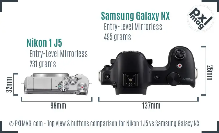 Nikon 1 J5 vs Samsung Galaxy NX top view buttons comparison