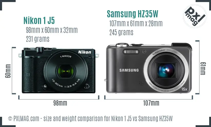 Nikon 1 J5 vs Samsung HZ35W size comparison