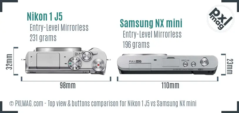 Nikon 1 J5 vs Samsung NX mini top view buttons comparison