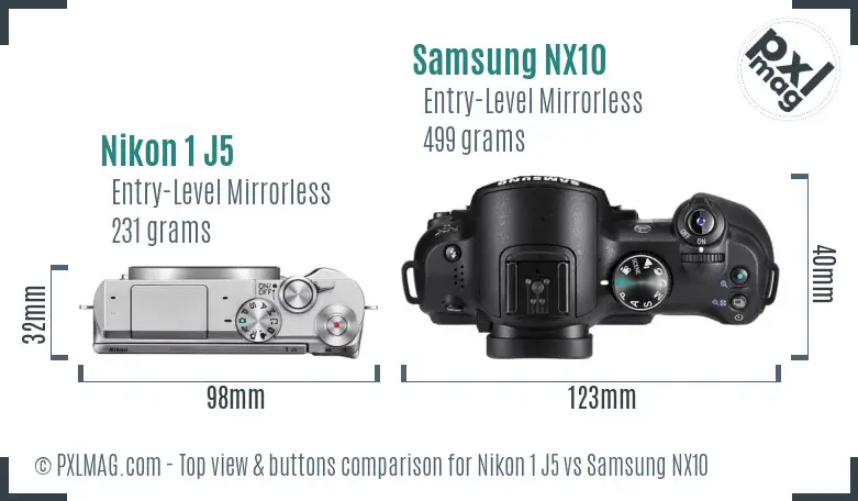Nikon 1 J5 vs Samsung NX10 top view buttons comparison Nikon 1 J5 vs Samsung NX10 top view buttons comparison
