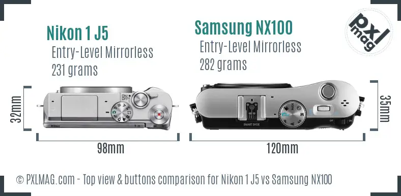 Nikon 1 J5 vs Samsung NX100 top view buttons comparison