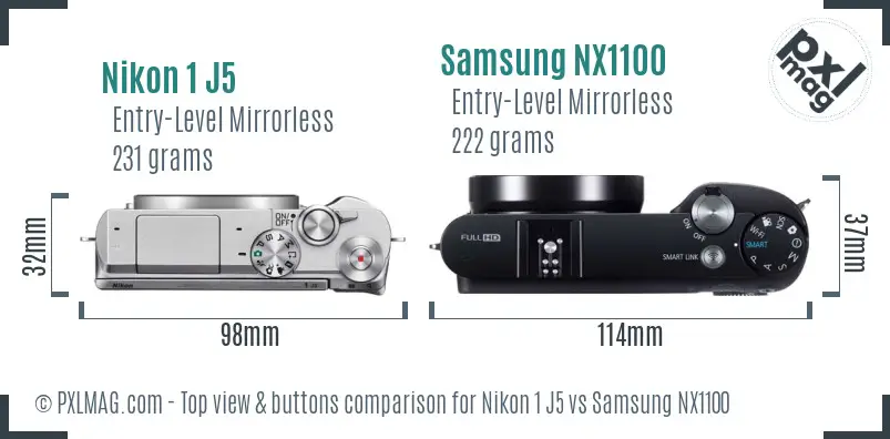 Nikon 1 J5 vs Samsung NX1100 top view buttons comparison