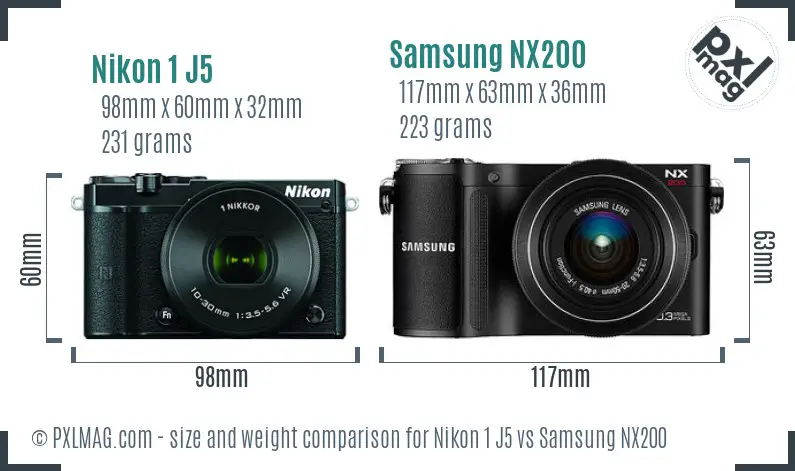 Nikon 1 J5 vs Samsung NX200 size comparison