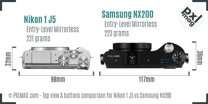 Nikon 1 J5 vs Samsung NX200 top view buttons comparison