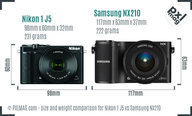 Nikon 1 J5 vs Samsung NX210 size comparison