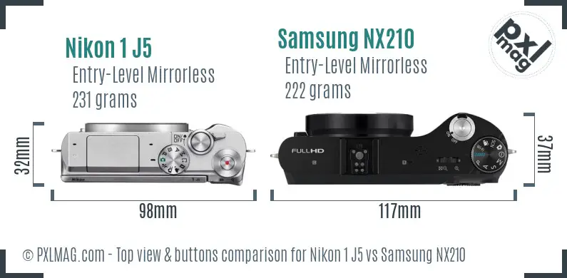 Nikon 1 J5 vs Samsung NX210 top view buttons comparison
