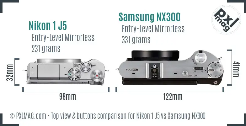 Nikon 1 J5 vs Samsung NX300 top view buttons comparison