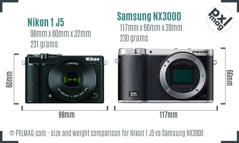 Nikon 1 J5 vs Samsung NX3000 size comparison