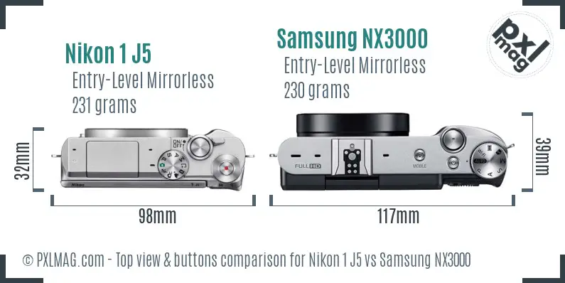 Nikon 1 J5 vs Samsung NX3000 top view buttons comparison