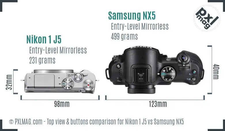 Nikon 1 J5 vs Samsung NX5 top view buttons comparison
