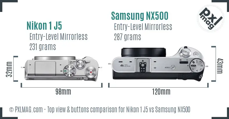 Nikon 1 J5 vs Samsung NX500 top view buttons comparison