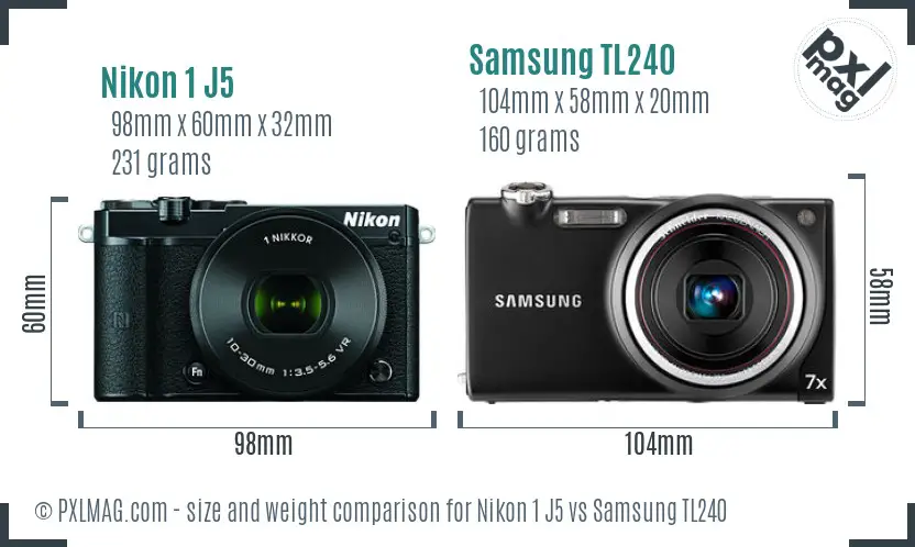 Nikon 1 J5 vs Samsung TL240 size comparison