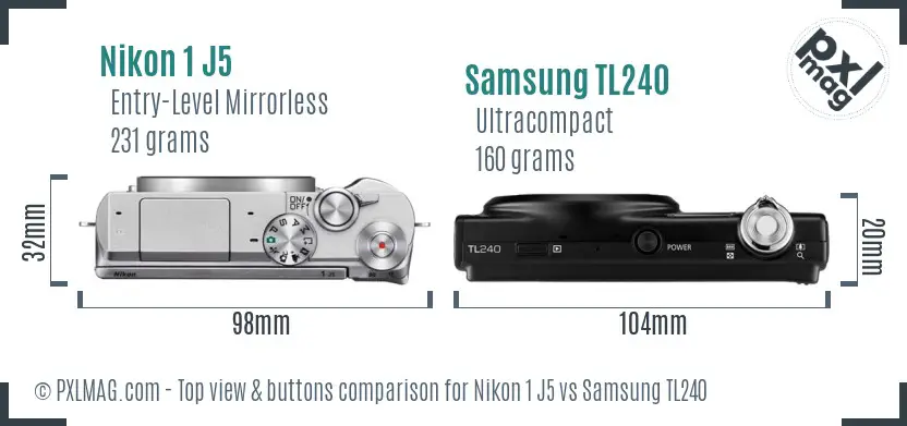 Nikon 1 J5 vs Samsung TL240 top view buttons comparison