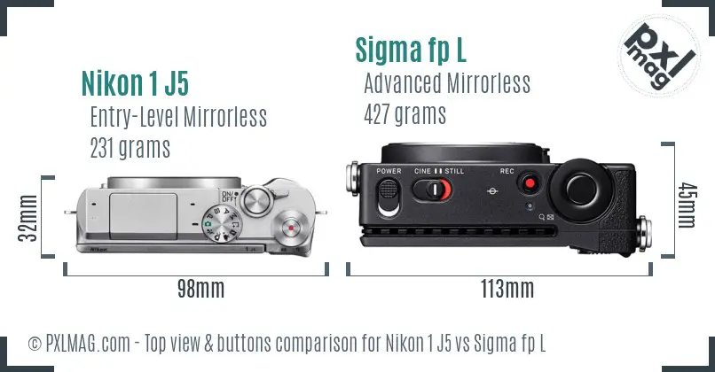 Nikon 1 J5 vs Sigma fp L top view buttons comparison
