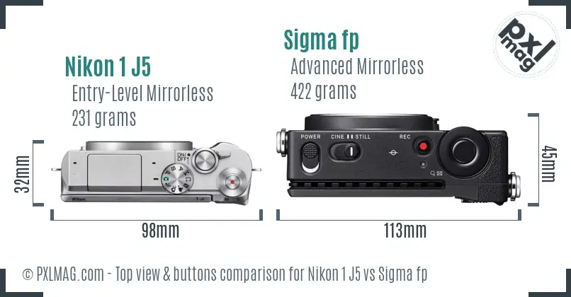 Nikon 1 J5 vs Sigma fp top view buttons comparison